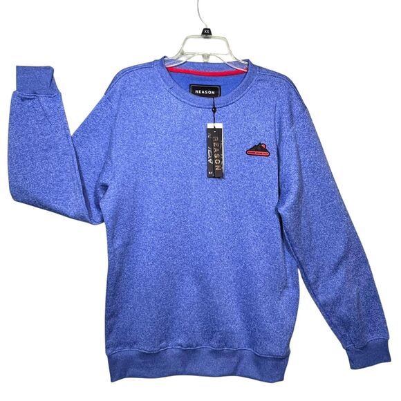 Reason Sweater Mens Large Blue Crewneck Pullover Mountain Patch Logo New NYC - Picture 10 of 11